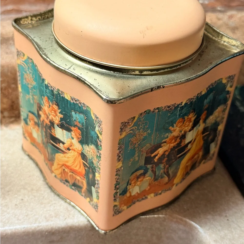 Vintage Decorative Peach  Pink Metal Canister with Cherub Panel‎ Victorian